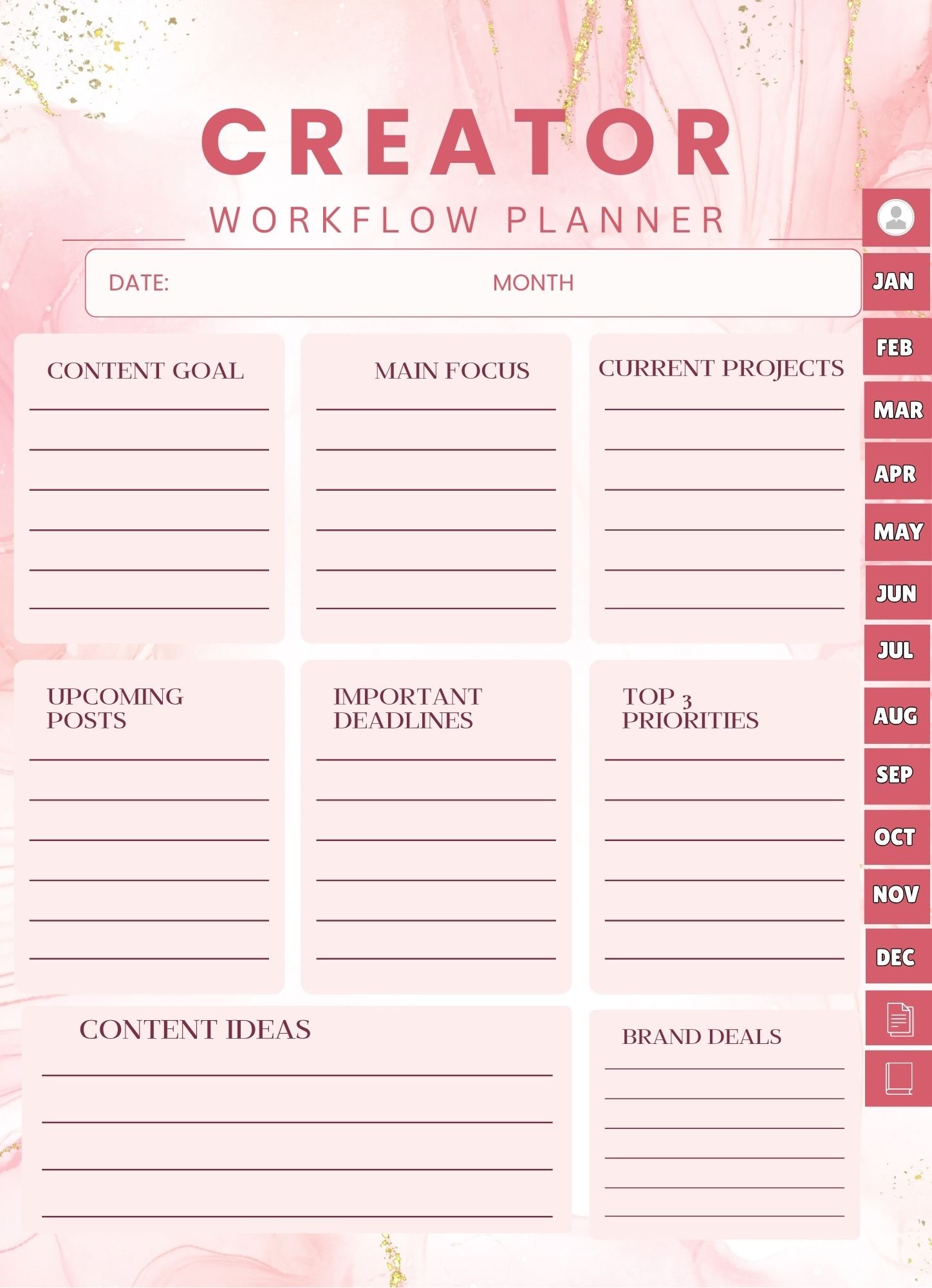 Pink and White Watercolor Content Creator Planner | Monthly Social Media Content Planner | Creator Workflow Digital Planner - Image 3
