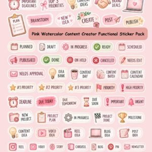 Pink Watercolor Content Creator Stickers | Digital Planner Stickers | Social Media & Business Functional Stickers | PNG Sticker Pack