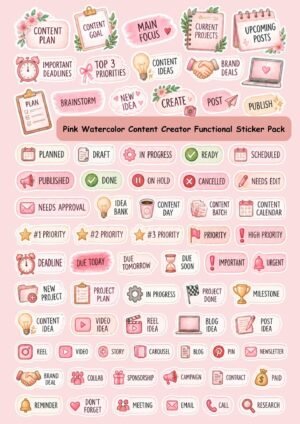 Pink Watercolor Content Creator Stickers | Digital Planner Stickers | Social Media & Business Functional Stickers | PNG Sticker Pack