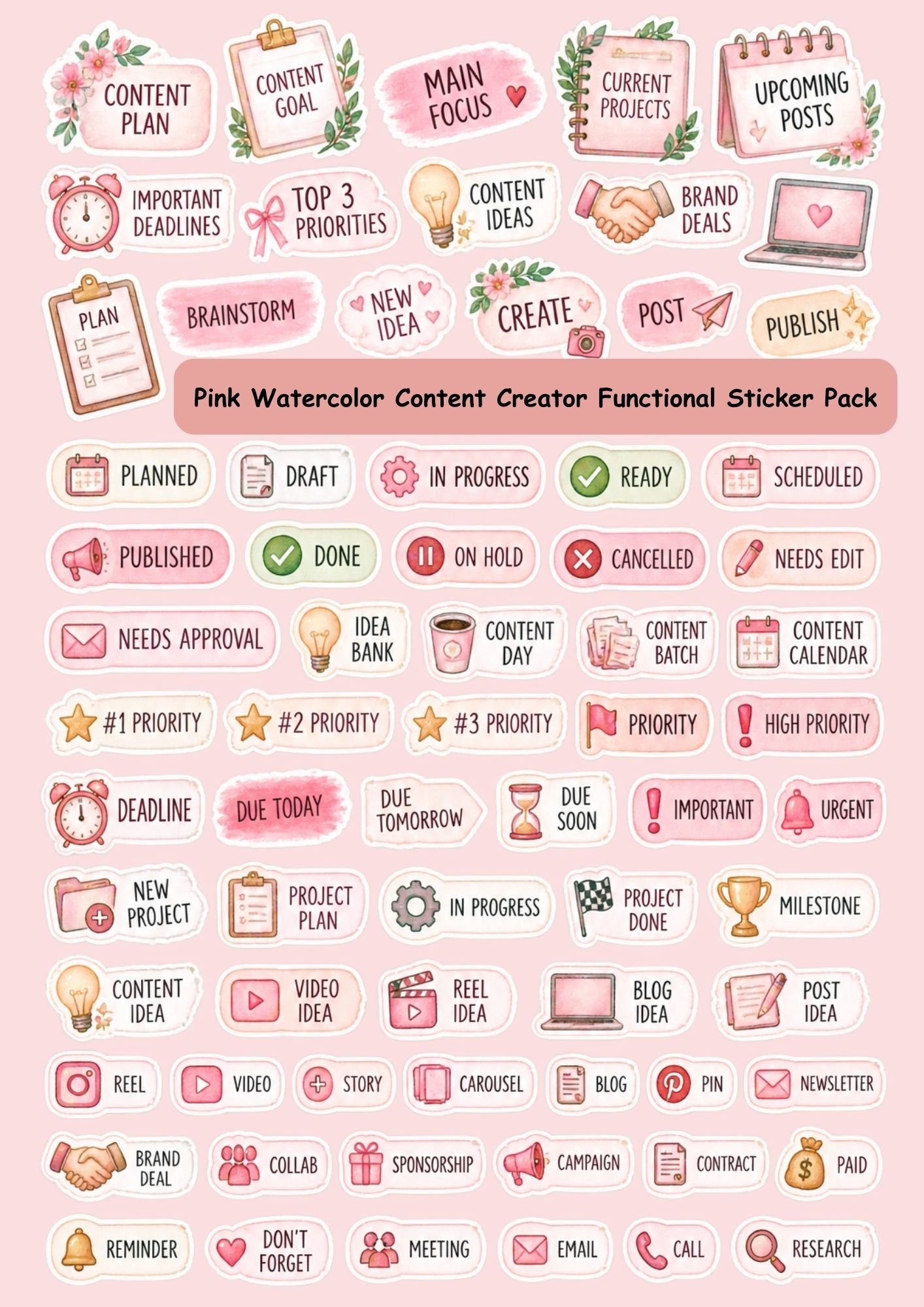 Pink Watercolor Content Creator Stickers | Digital Planner Stickers | Social Media & Business Functional Stickers | PNG Sticker Pack