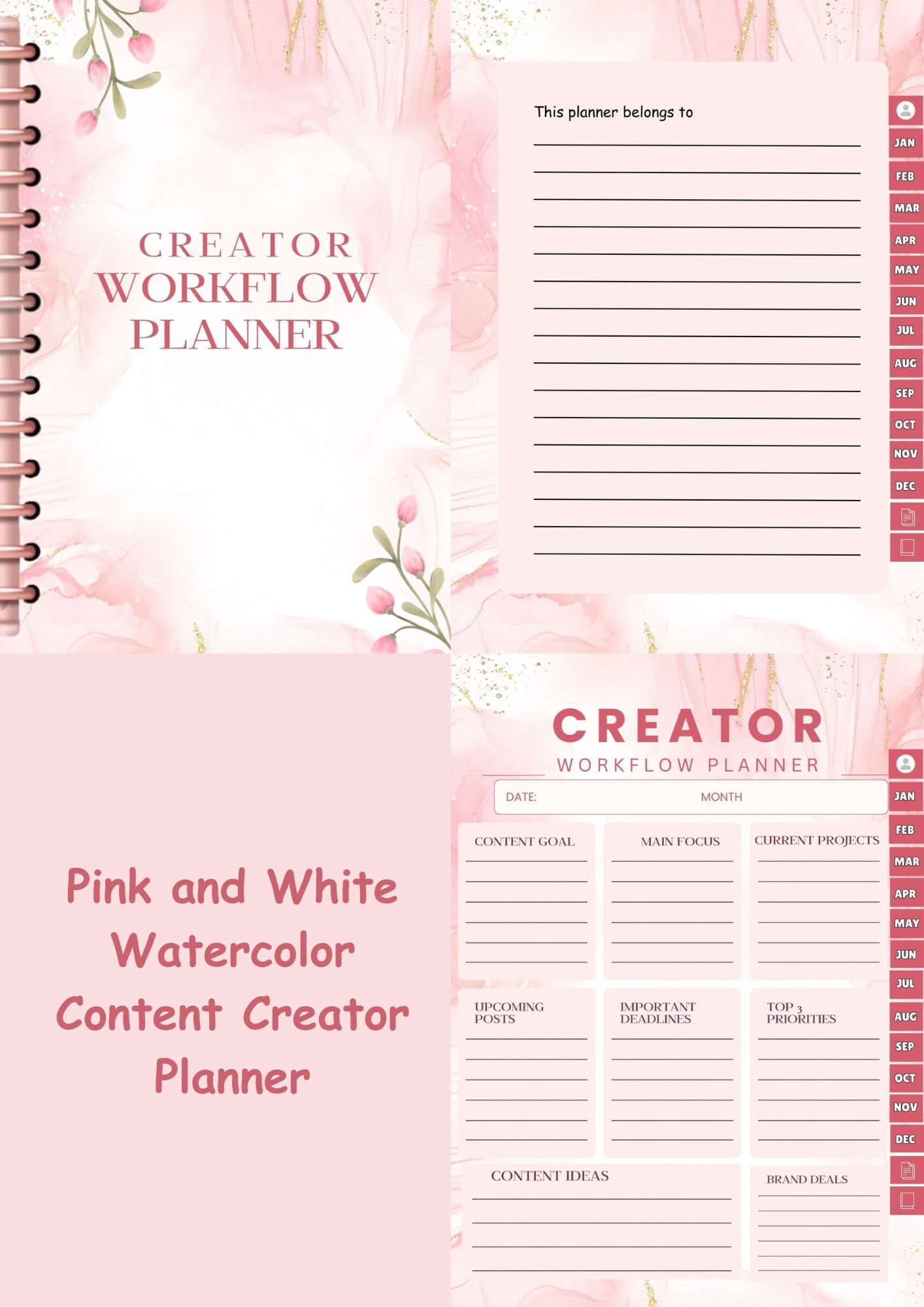 Pink and White Watercolor Content Creator Planner | Monthly Social Media Content Planner | Creator Workflow Digital Planner