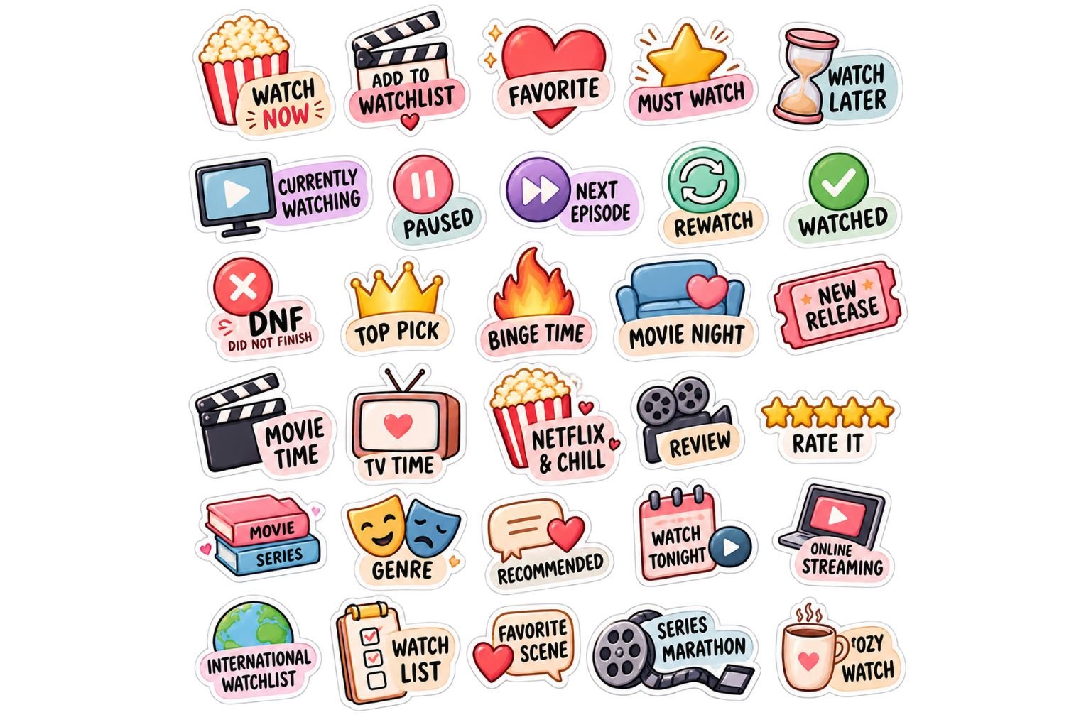 Pastel Movie Watchlist Sticker Pack – Digital Planner Stickers