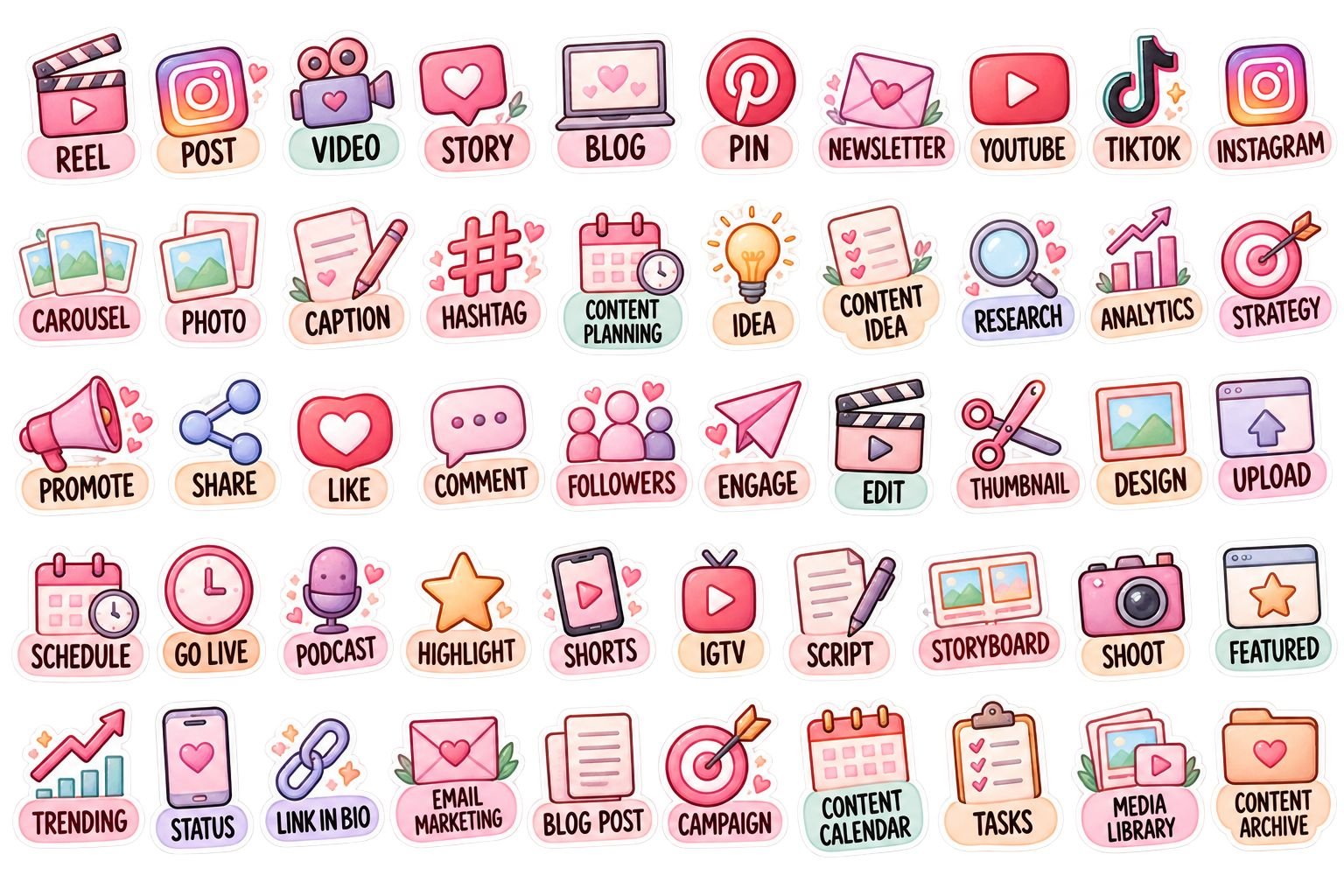 Pastel Social Media Stickers Pack – 50 Digital Planner Stickers